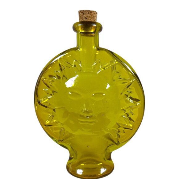 Vintage Yellow Glass Sun Face Bottle Vase with Cork Stopper Retro Mid Century - Picture 8 of 8